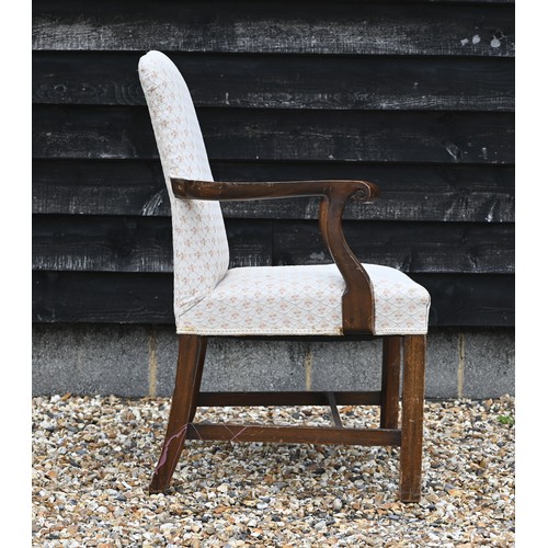 103A - # A shaped open armchair with square supports and stretcher with cream floral sprig and trellis upho... 