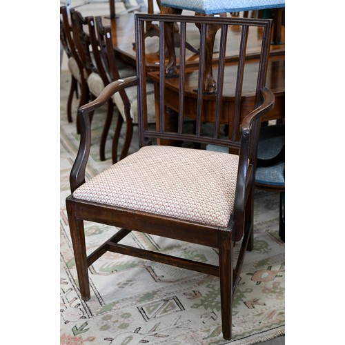 145A - A mahogany carver chair, with square back and legs, and inset scallop-design upholstered seat