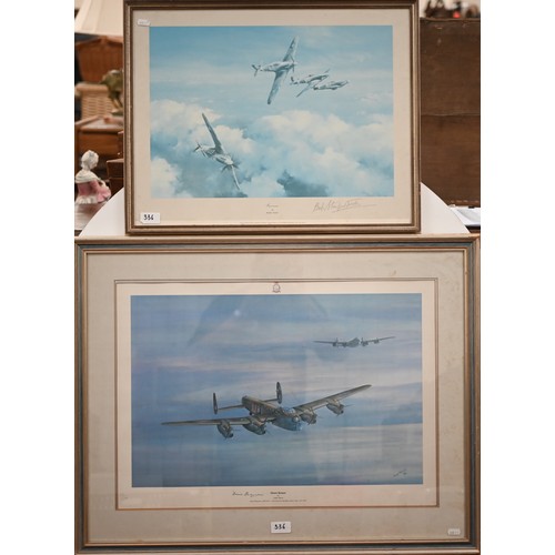 336 - B Palmer - Spitfire in flight, oil on canvas, signed, 39 x 49 cm; 'Hurricane' print after Robert Tay... 