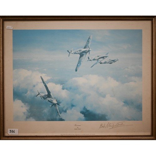 336 - B Palmer - Spitfire in flight, oil on canvas, signed, 39 x 49 cm; 'Hurricane' print after Robert Tay... 