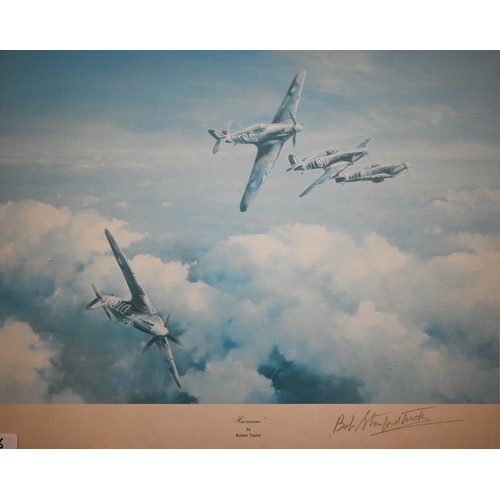 336 - B Palmer - Spitfire in flight, oil on canvas, signed, 39 x 49 cm; 'Hurricane' print after Robert Tay... 