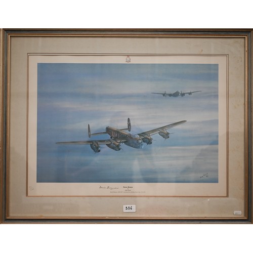 336 - B Palmer - Spitfire in flight, oil on canvas, signed, 39 x 49 cm; 'Hurricane' print after Robert Tay... 