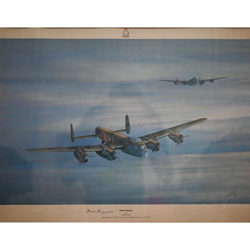 336 - B Palmer - Spitfire in flight, oil on canvas, signed, 39 x 49 cm; 'Hurricane' print after Robert Tay... 