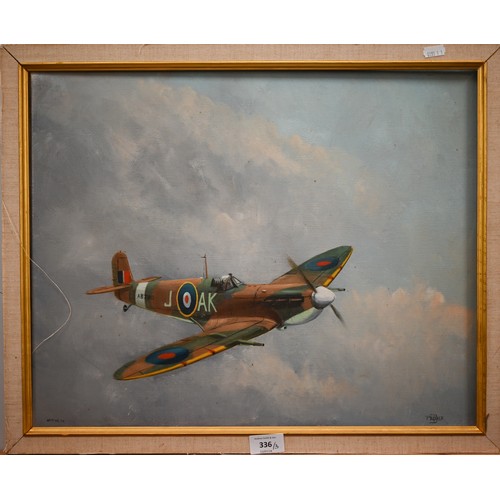 336 - B Palmer - Spitfire in flight, oil on canvas, signed, 39 x 49 cm; 'Hurricane' print after Robert Tay... 