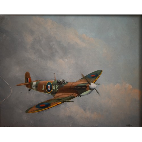 336 - B Palmer - Spitfire in flight, oil on canvas, signed, 39 x 49 cm; 'Hurricane' print after Robert Tay... 