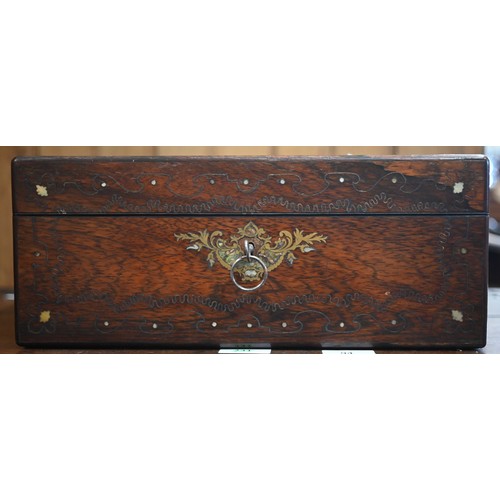 449 - A Victorian rosewood writing slope with blue velvet-lined fitted interior, inlaid overall with brass... 