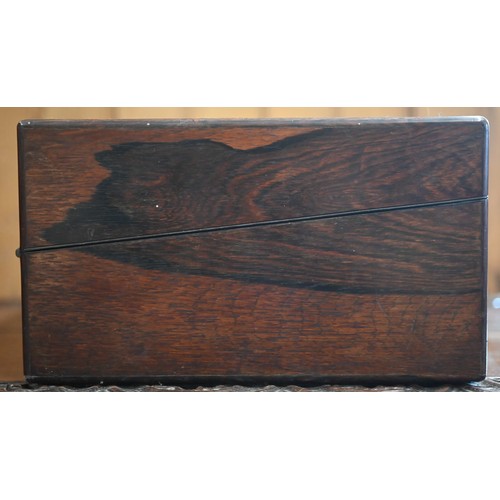 449 - A Victorian rosewood writing slope with blue velvet-lined fitted interior, inlaid overall with brass... 