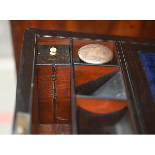 449 - A Victorian rosewood writing slope with blue velvet-lined fitted interior, inlaid overall with brass... 