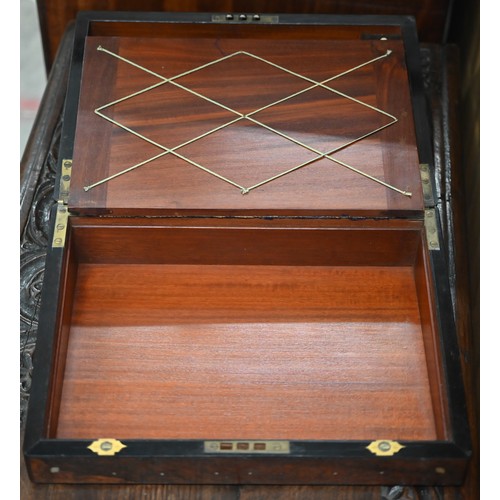 449 - A Victorian rosewood writing slope with blue velvet-lined fitted interior, inlaid overall with brass... 