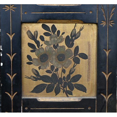 517 - A Victorian Aesthetic Movement parcel gilt and ebonised over-mantel mirror with an arrangement of di... 