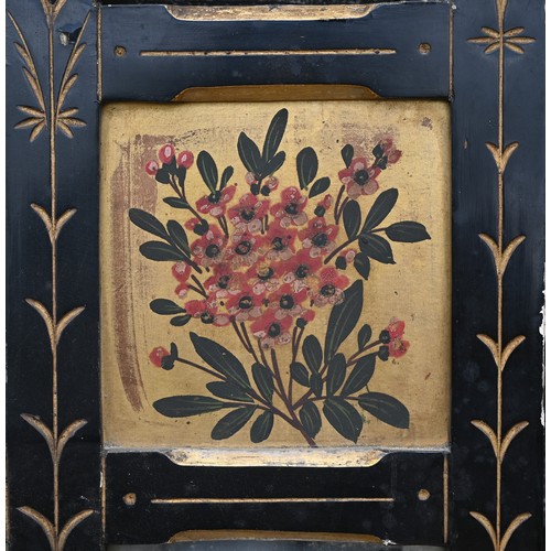 517 - A Victorian Aesthetic Movement parcel gilt and ebonised over-mantel mirror with an arrangement of di... 