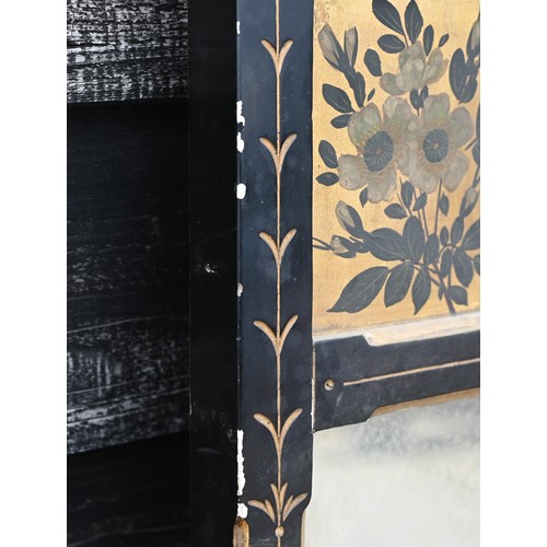 517 - A Victorian Aesthetic Movement parcel gilt and ebonised over-mantel mirror with an arrangement of di... 