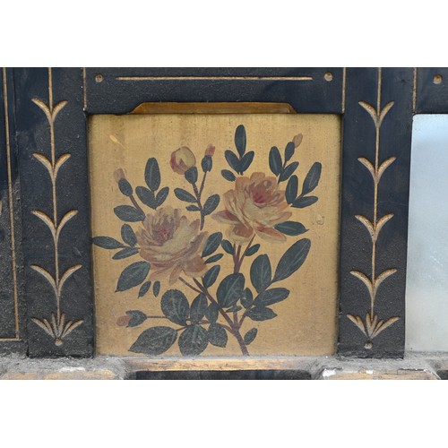 517 - A Victorian Aesthetic Movement parcel gilt and ebonised over-mantel mirror with an arrangement of di... 