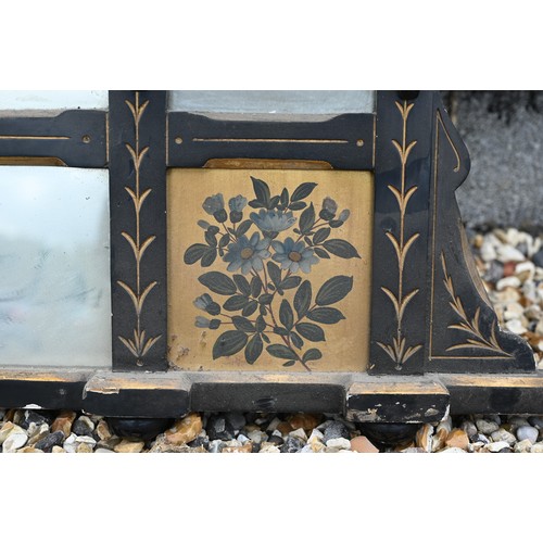 517 - A Victorian Aesthetic Movement parcel gilt and ebonised over-mantel mirror with an arrangement of di... 