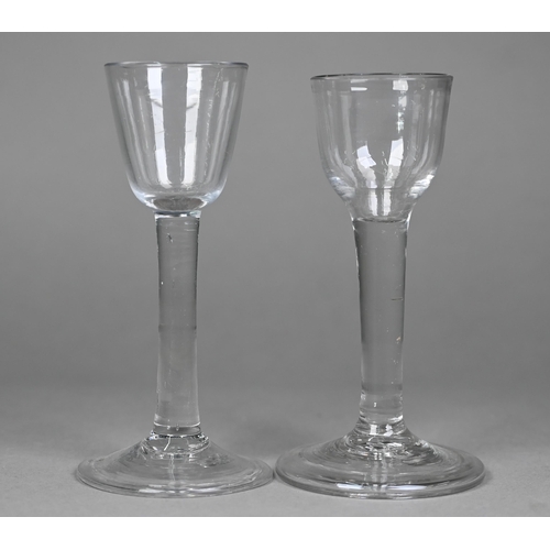 13 - An 18th Century cordial glass with ogee bowl on plain stem and folded foot, 14cm, to/w a somewhat si... 