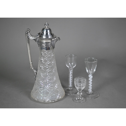 14 - A Georgian cordial glass with ogee bowl and opaque twist stem, conical foot with pontil mark (chip t... 