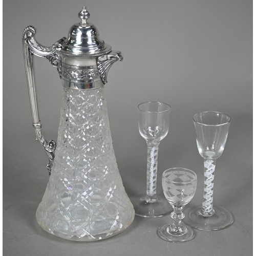 14 - A Georgian cordial glass with ogee bowl and opaque twist stem, conical foot with pontil mark (chip t... 