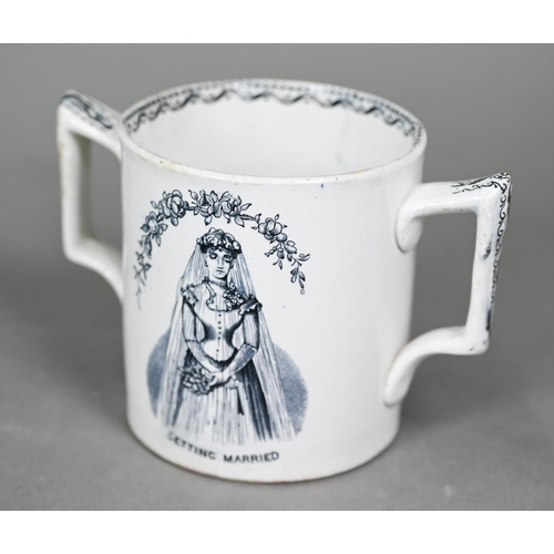 18 - A Victorian Staffordshire pottery two-handled loving cup with satirical printed decoration 'Getting ... 