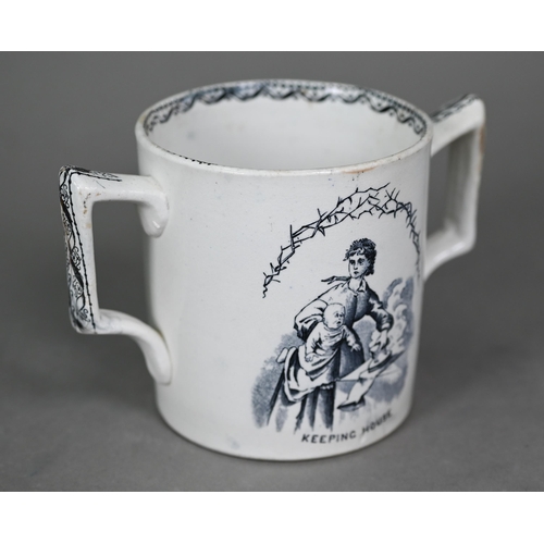 18 - A Victorian Staffordshire pottery two-handled loving cup with satirical printed decoration 'Getting ... 