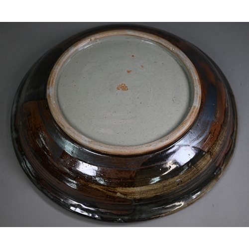 28 - John Bedding (St. Ives): a brown-glazed large bowl, painted with trees in his typical Japanese manne... 