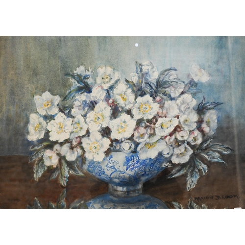 359 - Marion Broom (1878-1962) - Still life study with flowers in a blue and white bowl, watercolour, sign... 