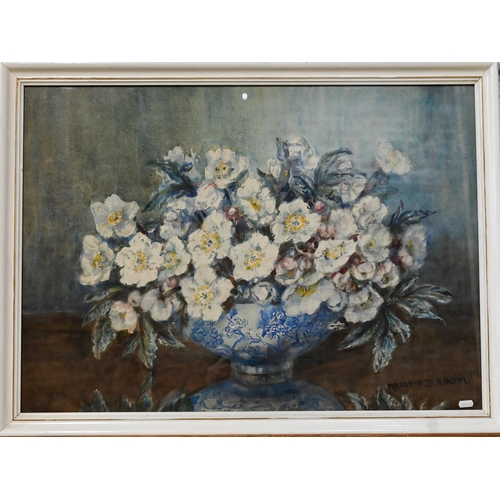 359 - Marion Broom (1878-1962) - Still life study with flowers in a blue and white bowl, watercolour, sign... 