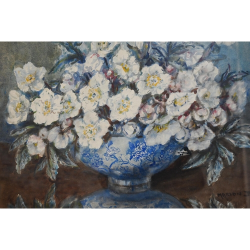 359 - Marion Broom (1878-1962) - Still life study with flowers in a blue and white bowl, watercolour, sign... 