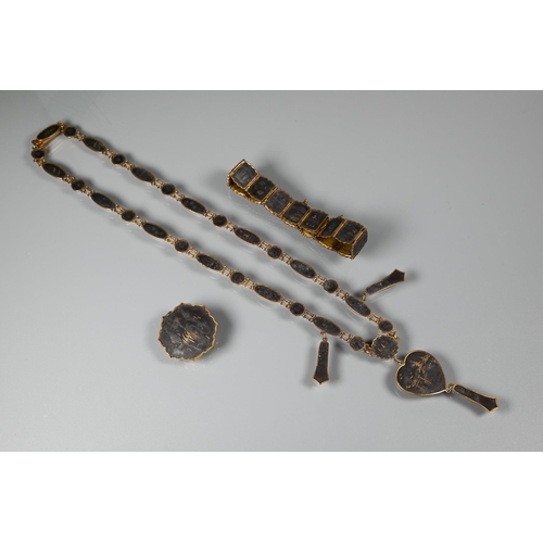 388 - Japanese jewellery of Damascene/Komai style comprising necklace, bracelet and brooch featuring pagod... 