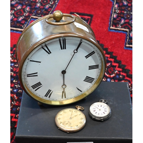 108 - A 19th century French brass drum timepiece with enamelled dial, 13 cm diameter, to/w a Swiss .935 st... 