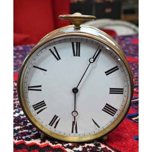 108 - A 19th century French brass drum timepiece with enamelled dial, 13 cm diameter, to/w a Swiss .935 st... 