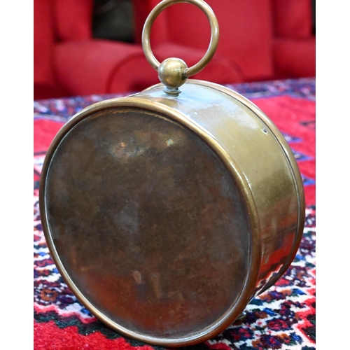 108 - A 19th century French brass drum timepiece with enamelled dial, 13 cm diameter, to/w a Swiss .935 st... 