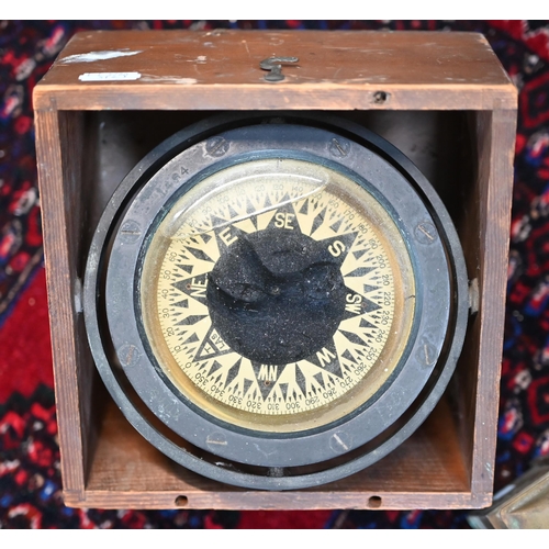 110 - A vintage Atlas boat-compass on gimbals, in pine box, to/w an antique copper hand-lantern with oil w... 