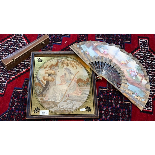 115 - An antique fan, the paper leaf painted in watercolour with Muses, on painted tortoiseshell (probably... 