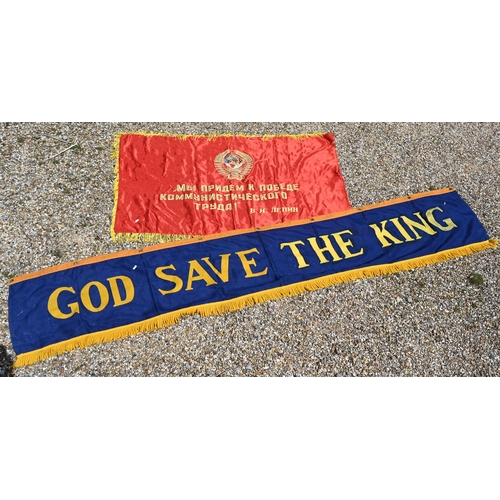 116 - A vintage stencilled linen banner - 'God Save the King', with lower fringe, 270 x 50 cm, to/w a Sovi... 