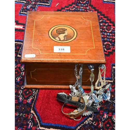 118 - A trinket box containing a collection of silver and other costume jewellery, wristwatches, etc