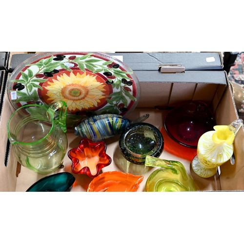 2 - Various Venetian and other coloured studio glass including Peggy Karr (USA) 35 cm floral plate (box)