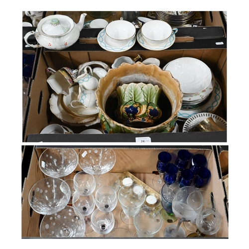 24 - Two Majolica cache-pots, a Minton part tea service and other ceramics, cocktail glasses, etc (2 boxe... 