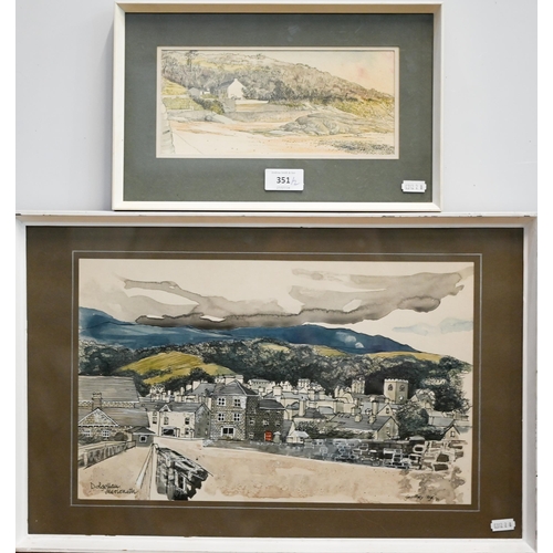 351 - Donald Ashdown ARIBA - Beach Dinas Pembroke, pen and wash, signed, 10 x 23 cm to/w Geoffrey Wye - Do... 