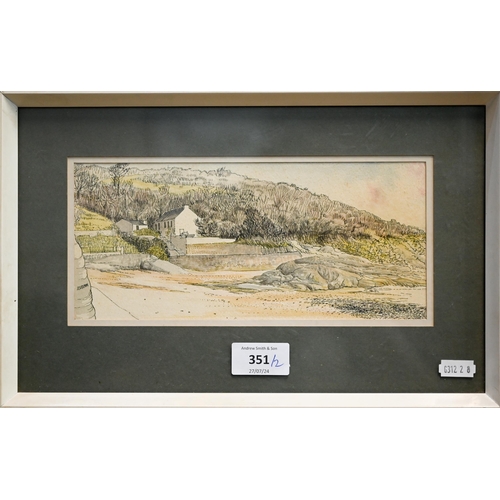 351 - Donald Ashdown ARIBA - Beach Dinas Pembroke, pen and wash, signed, 10 x 23 cm to/w Geoffrey Wye - Do... 