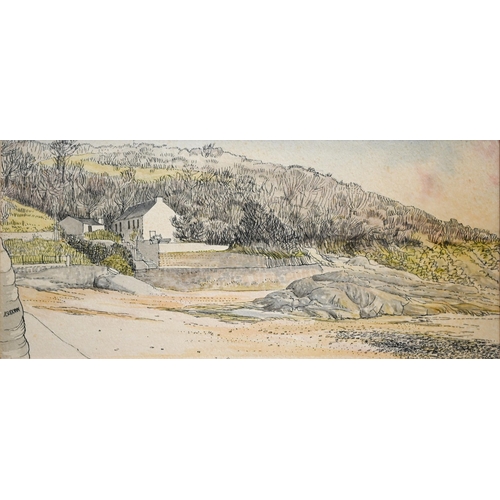 351 - Donald Ashdown ARIBA - Beach Dinas Pembroke, pen and wash, signed, 10 x 23 cm to/w Geoffrey Wye - Do... 