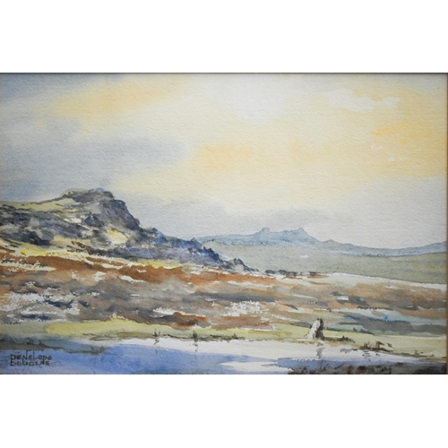 354 - Penelope Douglas - A watercolour landscape of rugged hills, signed, 21.5 x 32 cm