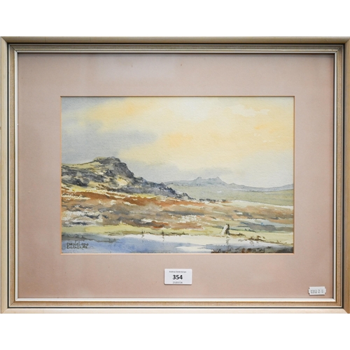 354 - Penelope Douglas - A watercolour landscape of rugged hills, signed, 21.5 x 32 cm