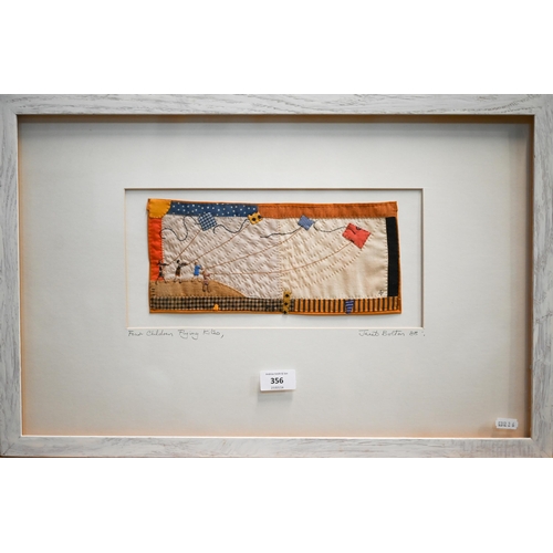 356 - Janet Bolton - 'Four Children Flying Kites', appliqué, signed and dated '88, 12 x 27 cm