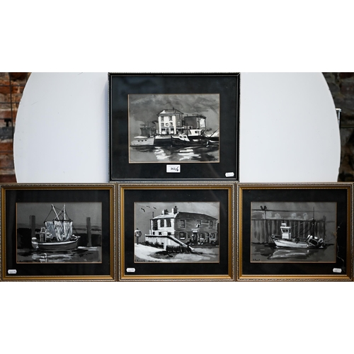 362 - H Russell - Four monochrome watercolour with heightening Portsmouth waterside studies, 19 x 25 cm th... 