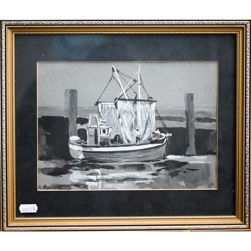 362 - H Russell - Four monochrome watercolour with heightening Portsmouth waterside studies, 19 x 25 cm th... 