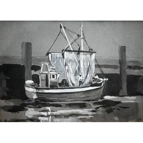 362 - H Russell - Four monochrome watercolour with heightening Portsmouth waterside studies, 19 x 25 cm th... 