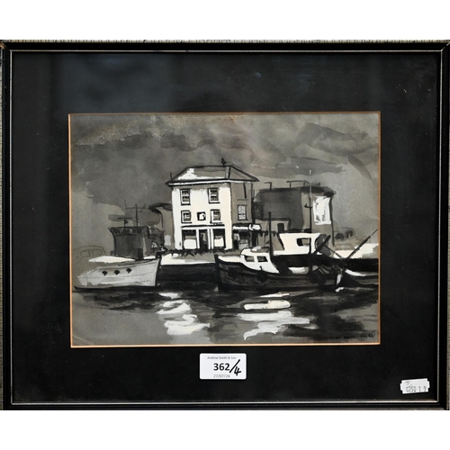 362 - H Russell - Four monochrome watercolour with heightening Portsmouth waterside studies, 19 x 25 cm th... 