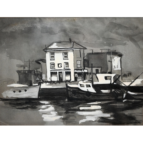 362 - H Russell - Four monochrome watercolour with heightening Portsmouth waterside studies, 19 x 25 cm th... 