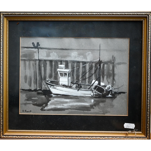 362 - H Russell - Four monochrome watercolour with heightening Portsmouth waterside studies, 19 x 25 cm th... 