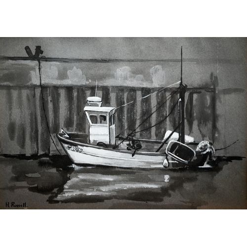 362 - H Russell - Four monochrome watercolour with heightening Portsmouth waterside studies, 19 x 25 cm th... 